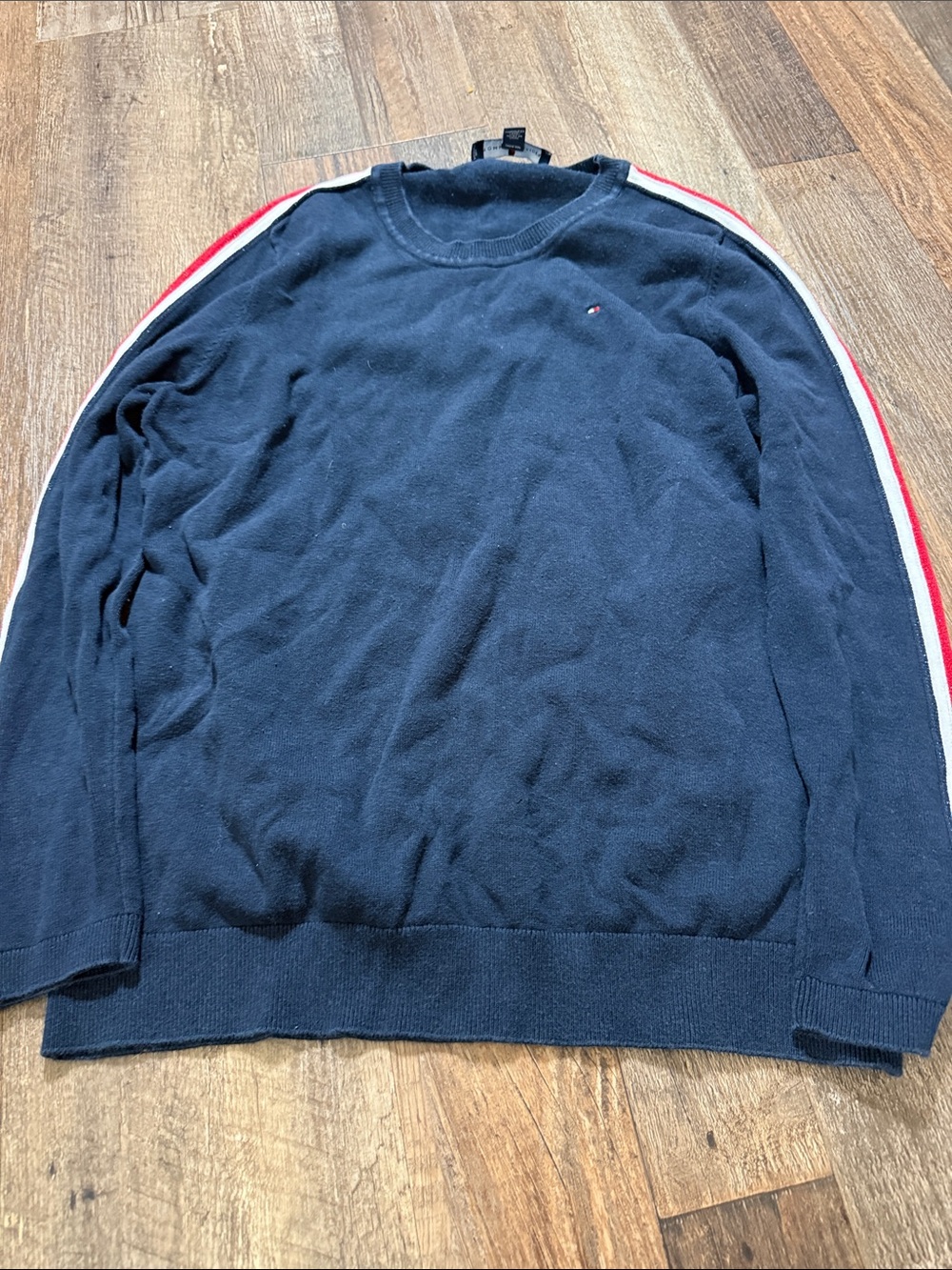 Tommy Hilfiger Navy Crewneck Sweater with Red & White Sleeve Stripes w/ sparkel